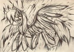 Size: 2161x1536 | Tagged: safe, artist:lydia, imported from derpibooru, rainbow dash, pegasus, pony, robot, robot pony, abstract, broken, crash, dark, machinery, pain, pencil drawing, rainbot dash, roboticization, sketch, spread wings, traditional art, wings