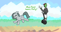 Size: 1364x710 | Tagged: safe, artist:purblehoers, imported from derpibooru, marble pie, oc, oc:anon, earth pony, pony, chubby, doodle, duo, exercise, female, mare, megaphone, running, segway, sweat, text, visor, yelling