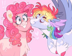 Size: 614x479 | Tagged: safe, artist:wanderingpegasus, imported from derpibooru, pinkie pie, rainbow dash, earth pony, pegasus, pony, alternate hairstyle, blushing, cheek kiss, chest fluff, cute, dashabetes, diapinkes, duo, eyes closed, female, flying, grin, kissing, lesbian, mare, markings, pinkiedash, redesign, shipping, smiling, unshorn fetlocks