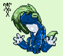 Size: 692x616 | Tagged: safe, artist:damset, imported from derpibooru, oc, oc only, frog, hybrid, monster pony, green background, looking at you, ms paint, pixel art, simple background, sitting, solo