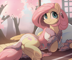 Size: 4000x3358 | Tagged: safe, artist:nookprint, imported from derpibooru, fluttershy, pegasus, pony, alternate hairstyle, bathrobe, cherry blossoms, clothes, cute, daaaaaaaaaaaw, flower, flower blossom, lying down, on side, robe, shyabetes, solo
