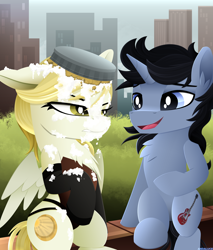 Size: 2300x2700 | Tagged: safe, artist:andaluce, imported from derpibooru, oc, oc only, oc:sunny northfleet, oc:trent, pegasus, unicorn, bench, chest fluff, city, cityscape, clothes, corset, duo, ear fluff, female, food, laughing, lineless, male, mare, park, park bench, partially open wings, pie, pie in the face, pie tin, pied, prank, stallion, this will end in death, wings