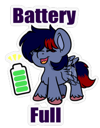 Size: 844x1078 | Tagged: safe, alternate version, artist:rokosmith26, imported from derpibooru, oc, oc only, oc:dawn chaser, pegasus, pony, alternate character, battery, chest fluff, chibi, colored hooves, commission, cute, digital art, eyes closed, flapping wings, happy, male, open mouth, pegasus oc, simple background, social battery, solo, stallion, standing, tail, text, transparent background, two toned mane, two toned tail, wings, ych result, your character here