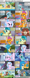 Size: 1282x3304 | Tagged: safe, edit, edited screencap, imported from derpibooru, screencap, gallus, ocellus, sandbar, silverstream, smolder, yona, changedling, changeling, dragon, earth pony, griffon, hippogriff, pony, yak, comic:celestia's servant interview, non-compete clause, school daze, uprooted, book, caption, cheering, comic, cs captions, image macro, interview, lake, scared, screencap comic, student six, text, water