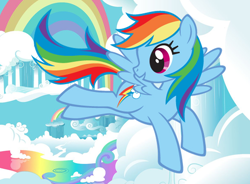 Size: 570x420 | Tagged: safe, imported from derpibooru, rainbow dash, pegasus, pony, cloud, cloudsdale, female, flying, hubworld, liquid rainbow, mare, official, rainbow, solo, stock vector, wings