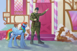 Size: 3500x2321 | Tagged: safe, artist:djkaskan, imported from derpibooru, rainbow dash, human, pegasus, pony, clothes, fanfic art, female, male, mare, military uniform, ponyville, red army, uniform, uniform hat, valery chkalov