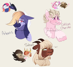 Size: 2000x1823 | Tagged: safe, artist:primrosepaper, imported from derpibooru, oc, oc only, oc:artemis, oc:chronos, oc:cotton cherub, oc:love dove, oc:moonlight sonata, oc:nova dash, oc:saber, oc:tough cookie, oc:yelrah, hybrid, original species, pegasus, pony, unicorn, yakony, boop, bust, cream background, female, interspecies offspring, lesbian, magical gay spawn, magical lesbian spawn, male, multiple parents, noseboop, oc x oc, offspring, offspring shipping, offspring's offspring, parent:applejack, parent:discord, parent:doctor whooves, parent:dumbbell, parent:fluttershy, parent:hoops, parent:oc:chronos, parent:oc:love dove, parent:oc:moonlight sonata, parent:oc:nova dash, parent:oc:tough cookie, parent:oc:yelrah, parent:pinkie pie, parent:prince rutherford, parent:princess cadance, parent:princess celestia, parent:princess luna, parent:rainbow dash, parent:rarity, parent:shining armor, parent:twilight sparkle, parents:dumbhoops, parents:lunacord, parents:oc x oc, parents:omniship, parents:rutherlestia, parents:shiningcadance, parents:whoovescord, shipping, simple background, straight