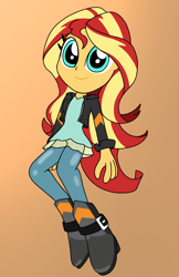 Size: 1329x2048 | Tagged: safe, artist:tenebrousmelancholy, imported from derpibooru, sunset shimmer, equestria girls, boots, clothes, digital art, equestria girls 10th anniversary, female, gradient background, orange background, shoes, simple background, solo