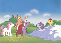 Size: 1000x708 | Tagged: safe, imported from derpibooru, megan williams, powder, skyflier, sparkler (g1), sundance, earth pony, human, pegasus, unicorn, escape from catrina, my little pony 'n friends, animation cel, dream castle, g1