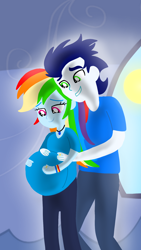 Size: 1080x1920 | Tagged: safe, artist:mlplary6, imported from derpibooru, rainbow dash, soarin', human, equestria girls, belly, big belly, female, husband and wife, love, male, preggo dash, pregnant, pregnant equestria girls, shipping, smiling, soarindash, straight, sun, window