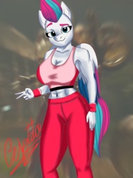 Size: 768x1024 | Tagged: safe, artist:cejotita, imported from derpibooru, zipp storm, anthro, arcee, breasts, busty zipp storm, clothes, female, g5, liza koshy, my little pony: a new generation, peace sign, photo, solo, sports bra, sports outfit, tail, transformers, transformers rise of the beasts, voice actor joke