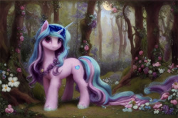 Size: 7680x5120 | Tagged: safe, derpibooru exclusive, editor:felisamafeles, editor:maonyman, imported from derpibooru, izzy moonbow, pony, unicorn, ai assisted, ai content, ai generated, beautiful, cute, female, flower, flower field, forest, fur, g5, generator:stable diffusion, long mane, long tail, moonlight, night, solo, tail, wallpaper