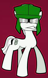 Size: 775x1243 | Tagged: safe, artist:yamston, imported from derpibooru, oc, oc only, oc:yamston crowe, pony, unicorn, fanfic:living the dream, 2023, annoyed, cool s, fanfic art, glasses, hat, male, parent:oc:yacon, pink background, self insert, simple background, solo, stallion, white coat, white mane