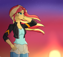 Size: 2000x1800 | Tagged: safe, artist:novaspark, imported from derpibooru, sunset shimmer, human, equestria girls, clothes, equestria girls 10th anniversary, female, solo, sunset, windswept hair