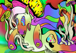 Size: 2000x1400 | Tagged: safe, artist:imiya, imported from derpibooru, port-o-bella, earth pony, pony, g3, hat, multicolored hair, mushroom, psychedelic, simple background, solo, trippy