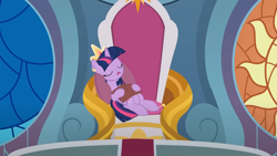 Size: 1280x720 | Tagged: safe, artist:agrol, imported from derpibooru, twilight sparkle, alicorn, book, bookhorse, canterlot castle, crown, cute, how to be a princess, jewelry, regalia, sleeping, solo, throne, twiabetes, twilight sparkle (alicorn)