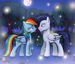 Size: 967x826 | Tagged: safe, artist:marakoruluv, imported from derpibooru, rainbow dash, soarin', firefly (insect), insect, pegasus, pony, female, lake, looking at each other, looking at someone, male, mare, moon, night, romantic, shipping, smiling, smiling at each other, soarindash, stallion, straight, tree, water