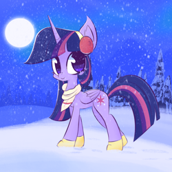 Size: 2048x2048 | Tagged: safe, artist:thebigstuff89, imported from derpibooru, twilight sparkle, alicorn, pony, cute, earmuffs, female, folded wings, high res, horn, looking at you, mare, smiling, smiling at you, snow, snowfall, solo, twiabetes, twilight sparkle (alicorn), wings, winter