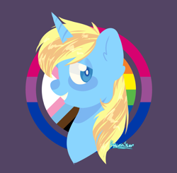 Size: 2449x2399 | Tagged: safe, artist:hopeless silver, imported from derpibooru, oc, oc only, oc:skydreams, pony, unicorn, bisexual pride flag, bust, commission, female, mare, pride, pride flag, solo, ych result