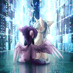 Size: 2000x2000 | Tagged: safe, artist:ampderg, imported from derpibooru, oc, oc only, oc:vylet, pegasus, pony, unicorn, hug, rear view, shipping, sitting, winghug, wings