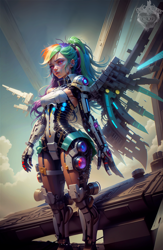 Size: 2048x3132 | Tagged: safe, editor:neondash, imported from derpibooru, rainbow dash, human, ai assisted, ai content, ai generated, angel, generator:seaart.ai, humanized, mechanic, metal, prompter:neondash, sky