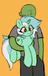 Size: 632x1000 | Tagged: safe, artist:orchidpony, lyra heartstrings, oc, oc:anon, human, pony, duo, female, holding a pony, human and pony, male, mare, simple background, yellow background