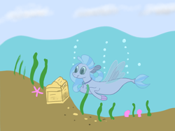 Size: 1280x960 | Tagged: safe, artist:addelum, imported from derpibooru, silverstream, seapony (g4), starfish, blue eyes, blue mane, bubble, dorsal fin, female, fin, fin wings, fins, fish tail, flowing mane, newbie artist training grounds, ocean, seapony silverstream, seaweed, solo, swimming, tail, treasure chest, underwater, water, wings