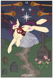 Size: 1300x1900 | Tagged: source needed, safe, artist:lebalisa, imported from derpibooru, oc, oc only, oc:amber hex, pony, unicorn, gravestone, horn, moon, musical instrument, solo, stars, tarot card, trumpet