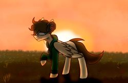 Size: 2475x1609 | Tagged: safe, artist:ashel_aras, imported from derpibooru, oc, oc only, pegasus, pony, calm, clothes, grass, grass field, headphones, sketch, solo, sunset, sweater