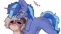 Size: 1920x1080 | Tagged: safe, artist:mariashek, imported from derpibooru, oc, oc only, oc:amoo, oc:amy bloodeye, oc:blue cola, pony, unicorn, zebra, biting, blushing, couple, duo, ear bite, female, glasses, horn, male, mare, nom, pony oc, relationship, simple background, stallion, unicorn oc, white background, zebra oc