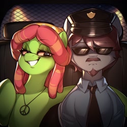 Size: 2048x2048 | Tagged: safe, artist:minekoo2, imported from derpibooru, tree hugger, earth pony, pony, clothes, duo, female, jewelry, male, mare, necklace, poker face, police officer, police uniform, smiling, stallion