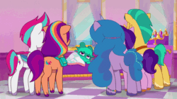 Size: 800x450 | Tagged: safe, imported from derpibooru, screencap, hitch trailblazer, izzy moonbow, pipp petals, sunny starscout, zipp storm, dragon, earth pony, pegasus, pony, unicorn, spoiler:g5, spoiler:my little pony: tell your tale, spoiler:tyts01e54, animated, blanket, eyes closed, female, g5, gif, group hug, hug, i've seen fire and i've seen rain (bows), male, mane five, mare, my little pony: tell your tale, smiling, sparky sparkeroni, stallion
