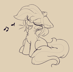 Size: 1642x1606 | Tagged: safe, artist:zzzsleepy, imported from derpibooru, oc, oc only, oc:chanter, ghost, ghost pony, undead, blush sticker, blushing, eyes closed, female, filly, floppy ears, foal, monochrome, music notes, singing, sitting, sketch, solo