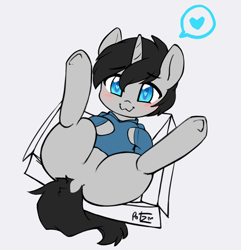 Size: 1640x1702 | Tagged: safe, artist:potzm, imported from derpibooru, oc, oc:cyan delta, pony, unicorn, :3, behaving like a cat, box, clothes, commission, cute, dock, featureless crotch, hoodie, male, tail, ych result