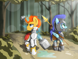 Size: 4000x3000 | Tagged: safe, artist:flaremoon, imported from derpibooru, oc, oc:bright hammer, oc:wind fury, pegasus, unicorn, armor, armor skirt, clothes, fantasy class, female, forest, forest background, guardsmare, hammer, knight, magic, mare, paladin, plate armor, royal guard, skirt, spear, telekinesis, warrior, weapon