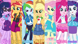 Size: 3410x1920 | Tagged: safe, artist:edy_january, editor:edy january, imported from derpibooru, applejack, fluttershy, pinkie pie, rainbow dash, rarity, sci-twi, sunset shimmer, twilight sparkle, human, series:romantic stories, equestria girls, equestria girls series, alternate name, applejack's hat, cowboy hat, fluttershy boho dress, geode of empathy, geode of fauna, geode of shielding, geode of sugar bombs, geode of super speed, geode of super strength, geode of telekinesis, hat, humane five, humane seven, humane six, link in description, magical geodes, rarity peplum dress, real names, simple background, wallpaper