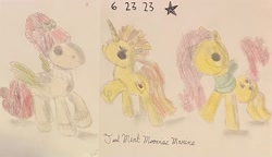 Size: 2246x1295 | Tagged: safe, artist:mlpfantealmintmoonrise, imported from derpibooru, cherry jubilee, fluttershy, spitfire, oc, pegasus, pony, unicorn, atg 2023, colored pencil drawing, crossover, horn, lalaloopsy, newbie artist training grounds, pegasus oc, pen drawing, pencil drawing, photo, signature, toy, traditional art, unicorn oc, wings