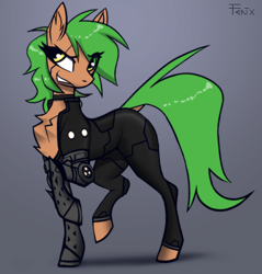 Size: 1520x1591 | Tagged: safe, artist:fenixdust, imported from derpibooru, oc, oc only, oc:fokienia, cyborg, earth pony, pony, fanfic:cypress zero, clothes, fanfic, fanfic art, female, jumpsuit, mare, simple background, solo