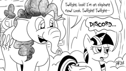 Size: 1200x675 | Tagged: safe, artist:pony-berserker, imported from derpibooru, pinkie pie, twilight sparkle, alicorn, elephant, pony, black and white, duo, female, grayscale, implied discord, mare, monochrome, pony-berserker's twitter sketches, pony-berserker's twitter sketches (2023), ponyville, species swap, transformation, twilight sparkle (alicorn), twilight sparkle is not amused, unamused