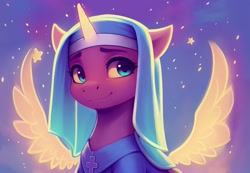 Size: 2496x1728 | Tagged: safe, derpibooru exclusive, imported from derpibooru, sunny starscout, alicorn, pony, ai content, ai generated, ethereal wings, g5, generator:pony diffusion v4, generator:stable diffusion, glowing, glowing horn, horn, looking at you, nun, prompter:siber, simple background, smiling, smiling at you, solo, stars, wings