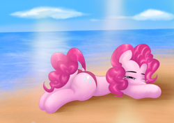 Size: 3508x2480 | Tagged: safe, artist:ericsson, imported from derpibooru, pinkie pie, oc, oc only, earth pony, pony, balloonbutt, beach, beautiful, butt, clothes, colored, colorful, curls, curly hair, cutie, cutie mark, holiday, looking at you, lying down, nice, ocean, one eye closed, pink, prone, relaxing, resting, sand, solo, summer, sun, swimsuit, vacation, water