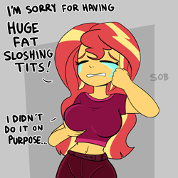 Size: 3600x3600 | Tagged: safe, artist:tjpones, imported from derpibooru, sunset shimmer, human, equestria girls, belly button, big breasts, breast grab, breast hold, breasts, busty sunset shimmer, crying, dialogue, eyes closed, female, gray background, grope, huge breasts, midriff, sad, simple background, solo, solo female, vulgar