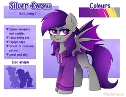 Size: 4034x3114 | Tagged: safe, artist:madelinne, imported from derpibooru, oc, oc only, oc:silver cornu, bat pony, bat wings, clothes, hoodie, purple hair, reference sheet, size comparison, solo, spread wings, wings