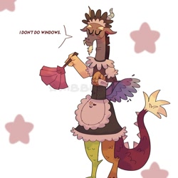 Size: 1080x1080 | Tagged: safe, artist:kibbleb1tez, artist:kibblebitez, imported from derpibooru, draconequus, clothes, crossdressing, duster, maid, maid discord, maid headdress, male, quote, solo, solo male, standing