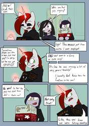 Size: 4961x7016 | Tagged: safe, artist:tenenbris, imported from derpibooru, oc, oc only, oc:abel masei, oc:alicia malice, oc:patricia sorg, semi-anthro, unicorn, zebra, comic:things change, alcohol, eyeshadow, makeup, zebra oc