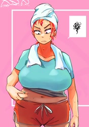 Size: 1400x2000 | Tagged: safe, artist:sozglitch, imported from derpibooru, sunset shimmer, human, annoyed, belly button, big breasts, breasts, busty sunset shimmer, chubby, clothes, female, frown, huge breasts, humanized, looking down, midriff, nail polish, shorts, solo, towel on head