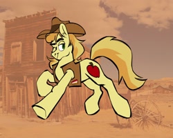 Size: 2048x1638 | Tagged: safe, artist:msponies, imported from derpibooru, braeburn, earth pony, pony, cowboy hat, female, hat, lesbian, lesbian pride flag, one eye closed, pride, pride flag, real life background, solo, wink