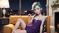 Size: 1920x1080 | Tagged: safe, imported from derpibooru, rainbow dash, human, ai content, ai generated, braid, braided ponytail, city, cityscape, clothes, couch, female, fireplace, generator:realcartoon3d, generator:stable diffusion, lamp, lipstick, looking at you, lying down, multicolored hair, nightgown, on side, ponytail, prompter:marusame, purple eyes, rainbow hair, solo, window