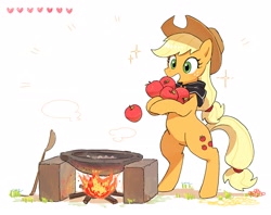 Size: 2900x2300 | Tagged: safe, artist:fuyugi, imported from derpibooru, applejack, earth pony, pony, apple, bipedal, campfire, cooking, female, fire, food, heart, mare, open mouth, open smile, simple background, smiling, solo, sparkles, spoon, the legend of zelda, the legend of zelda: breath of the wild, white background