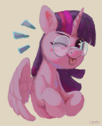 Size: 2178x2702 | Tagged: safe, artist:aemuhn, imported from derpibooru, twilight sparkle, alicorn, pony, ;p, beige background, blushing, cute, emanata, female, glasses, high res, looking at you, mare, one eye closed, round glasses, signature, simple background, smiling, smiling at you, solo, tongue out, twiabetes, twilight sparkle (alicorn), wink, winking at you